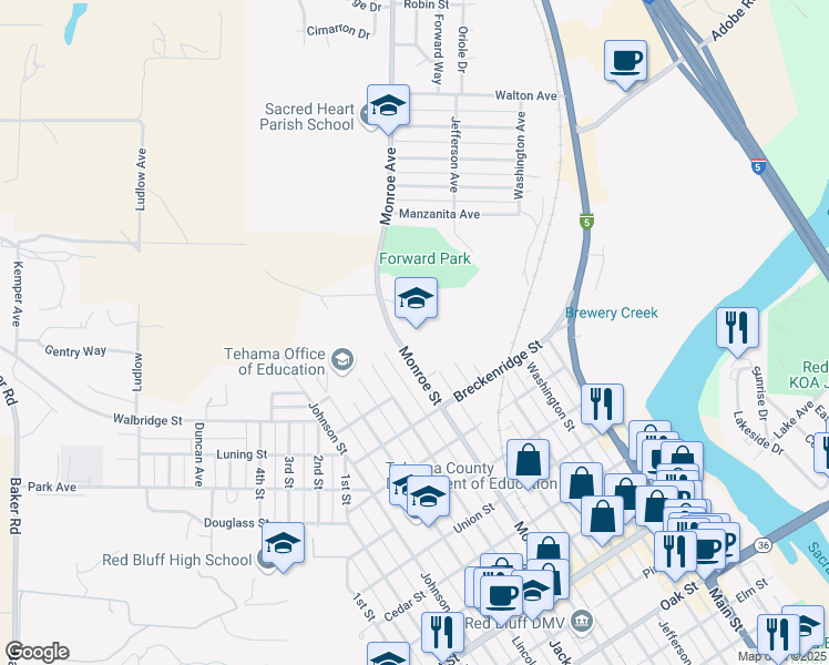 map of restaurants, bars, coffee shops, grocery stores, and more near 1660 Monroe Street in Red Bluff