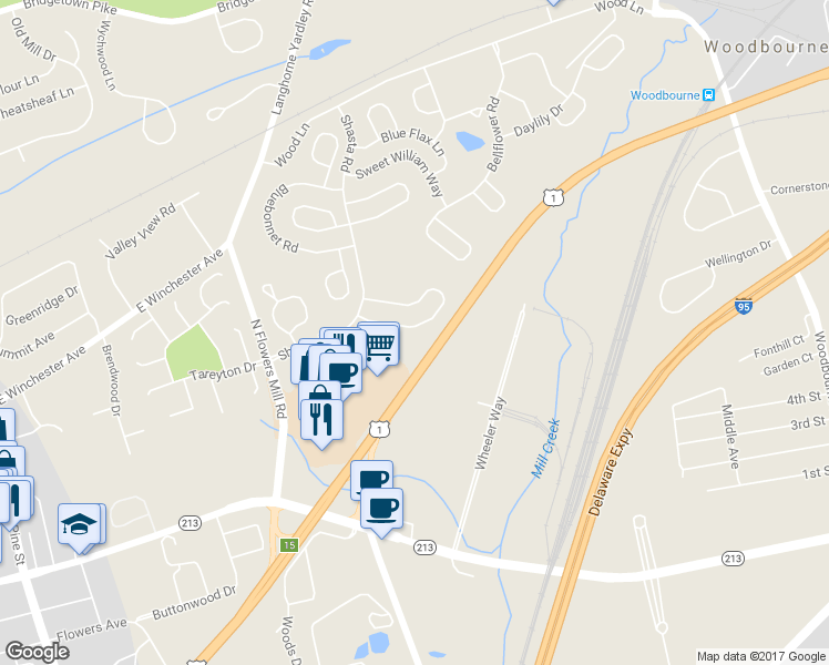map of restaurants, bars, coffee shops, grocery stores, and more near 70 Black Eyed Susan Road in Langhorne