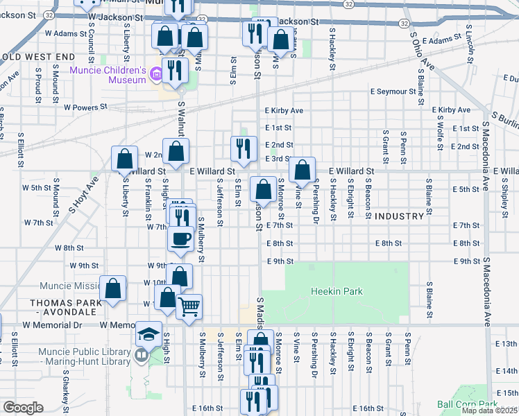 map of restaurants, bars, coffee shops, grocery stores, and more near 501 East 6th Street in Muncie