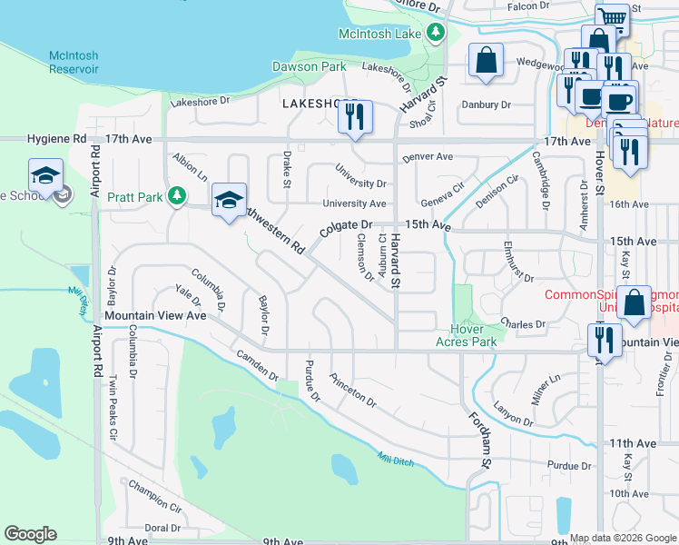 map of restaurants, bars, coffee shops, grocery stores, and more near 1416 Northwestern Road in Longmont