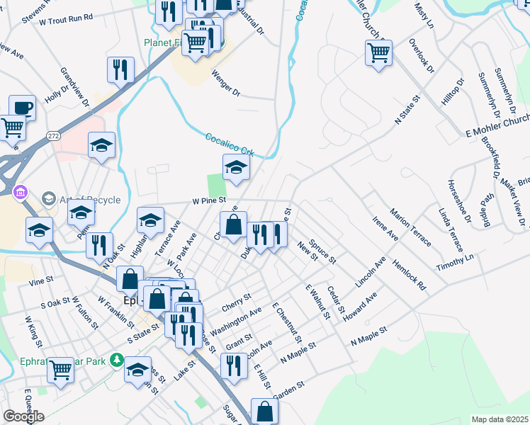 map of restaurants, bars, coffee shops, grocery stores, and more near 339 Duke Street in Ephrata