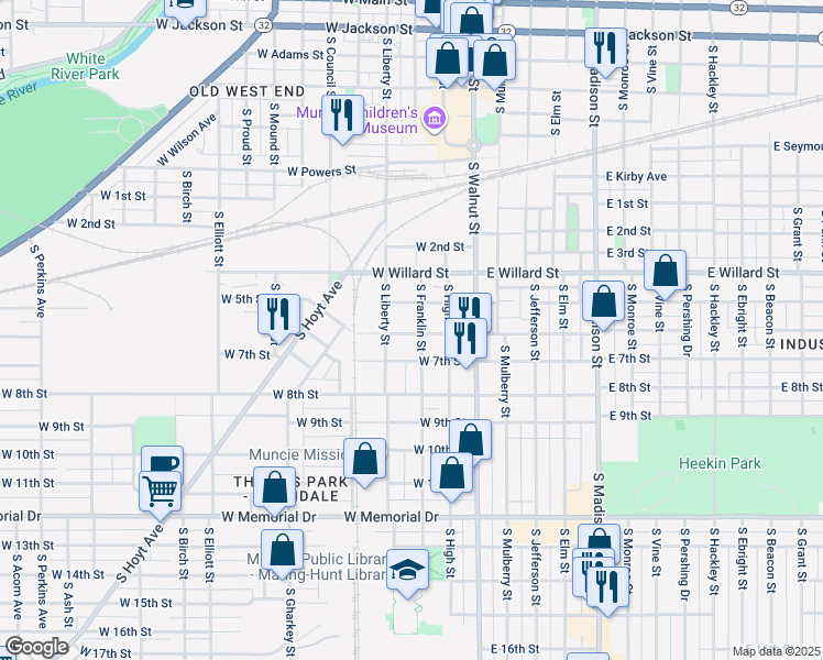 map of restaurants, bars, coffee shops, grocery stores, and more near 310 West 6th Street in Muncie