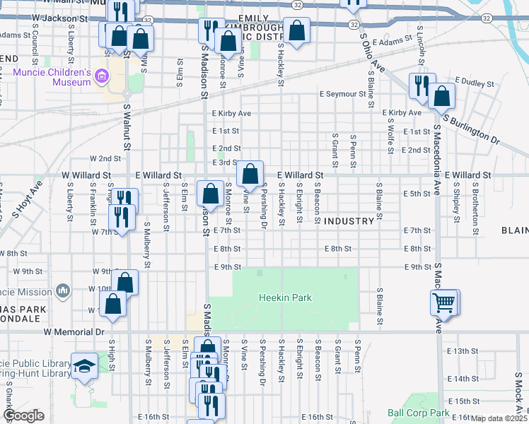 map of restaurants, bars, coffee shops, grocery stores, and more near 1301 South Pershing Drive in Muncie