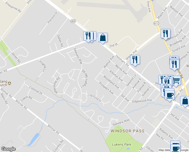 map of restaurants, bars, coffee shops, grocery stores, and more near 432 Walnut Avenue in Horsham