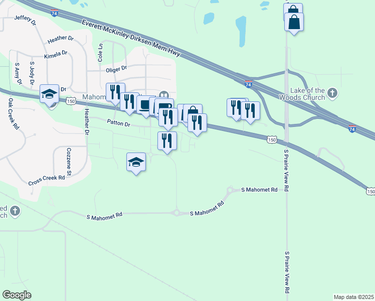 map of restaurants, bars, coffee shops, grocery stores, and more near 1134 Vision Circle in Mahomet
