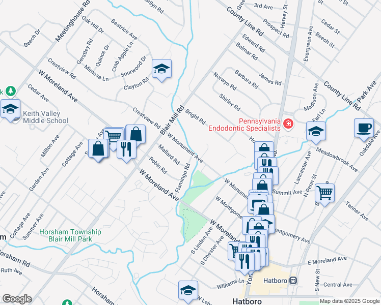 map of restaurants, bars, coffee shops, grocery stores, and more near 405 West Monument Avenue in Hatboro