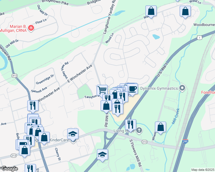 map of restaurants, bars, coffee shops, grocery stores, and more near 104 Saint James Drive in Langhorne