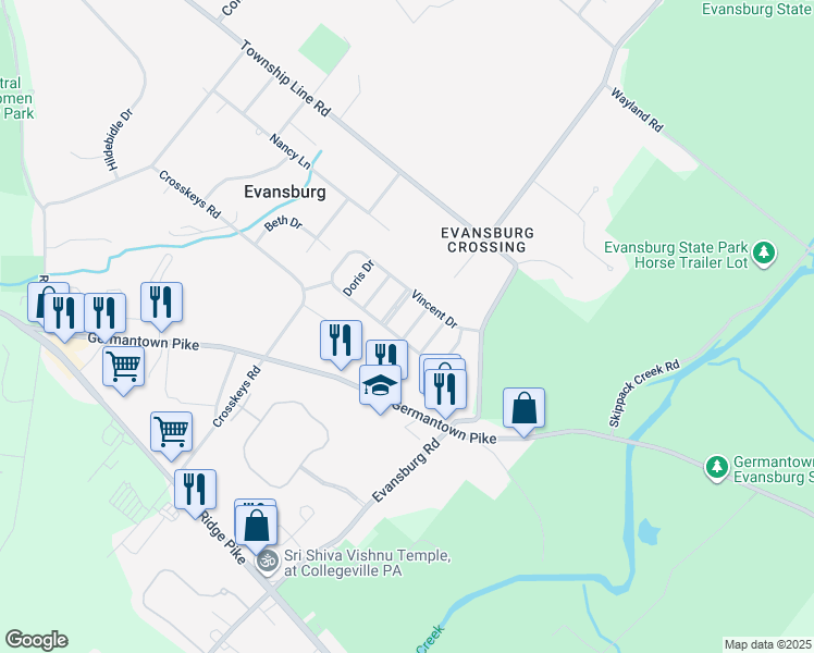 map of restaurants, bars, coffee shops, grocery stores, and more near 4007 Coulter Court in Collegeville