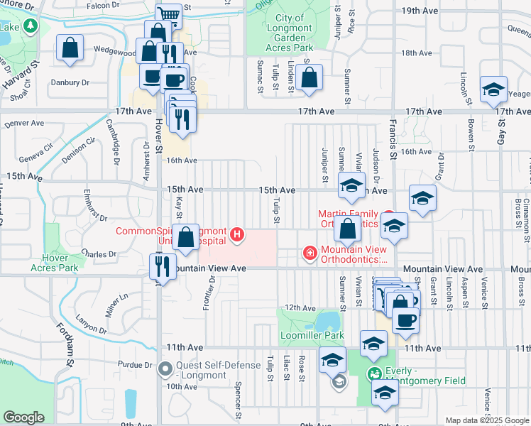 map of restaurants, bars, coffee shops, grocery stores, and more near 1408 Sumac Street in Longmont