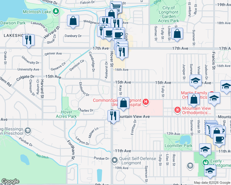 map of restaurants, bars, coffee shops, grocery stores, and more near 1420 Hover Street in Longmont