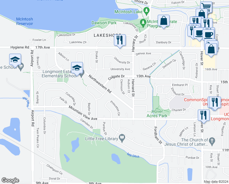 map of restaurants, bars, coffee shops, grocery stores, and more near 1416 Northwestern Road in Longmont