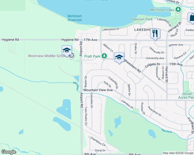 map of restaurants, bars, coffee shops, grocery stores, and more near 3702 Yale Drive in Longmont