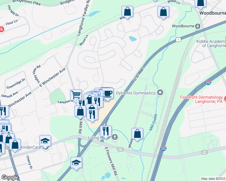 map of restaurants, bars, coffee shops, grocery stores, and more near 70 Black Eyed Susan Road in Langhorne
