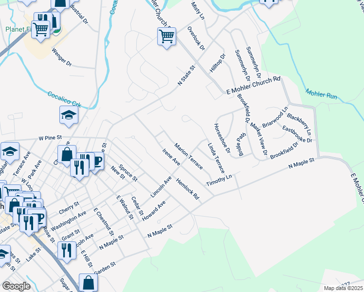 map of restaurants, bars, coffee shops, grocery stores, and more near 138 Marion Terrace in Ephrata