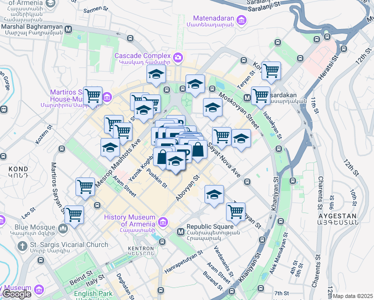 map of restaurants, bars, coffee shops, grocery stores, and more near 34 Tumanyan Street in Yerevan