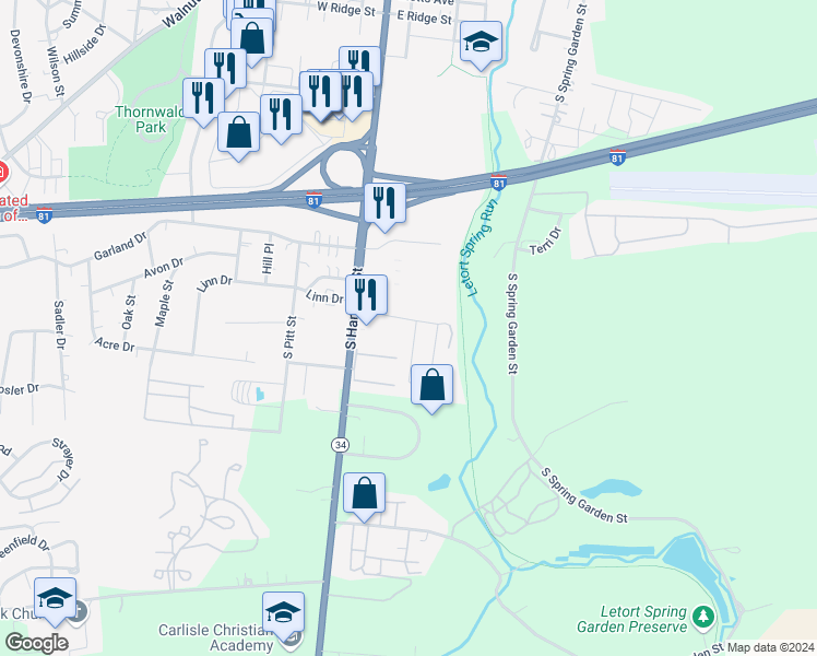 map of restaurants, bars, coffee shops, grocery stores, and more near 14 Spring View in Carlisle