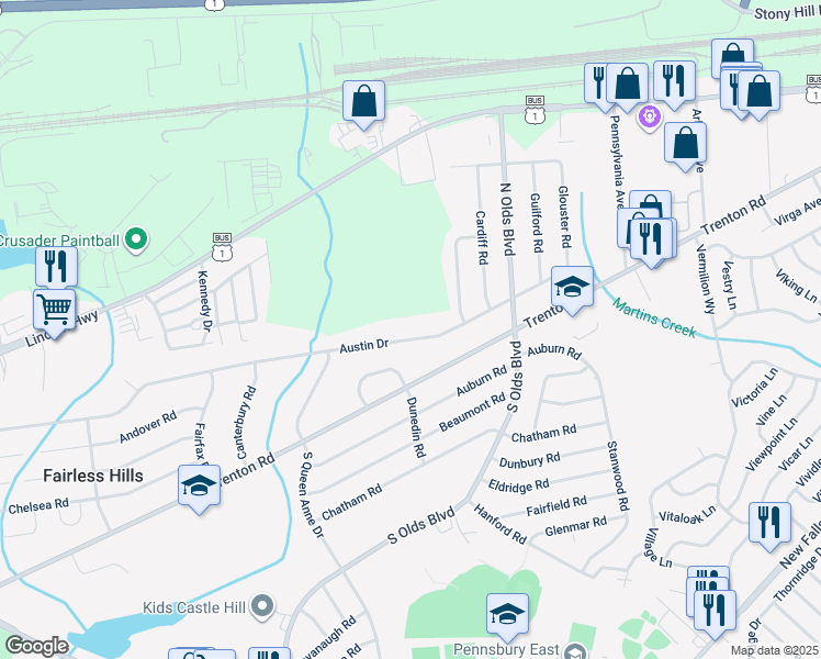map of restaurants, bars, coffee shops, grocery stores, and more near 653 Austin Drive in Fairless Hills