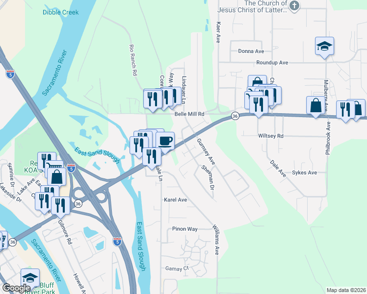 map of restaurants, bars, coffee shops, grocery stores, and more near 65 Grace Way in Red Bluff