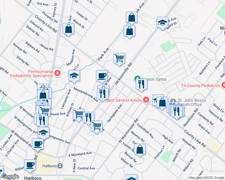 map of restaurants, bars, coffee shops, grocery stores, and more near 472 Jacksonville Road in Hatboro