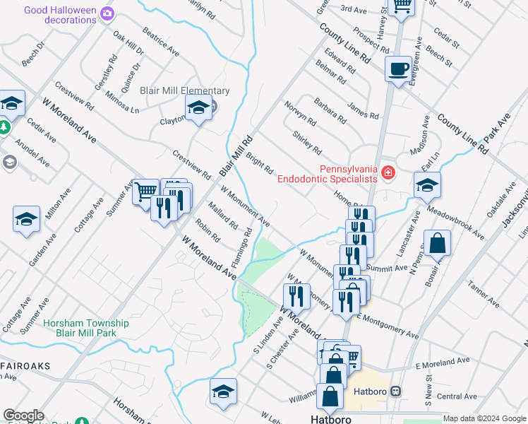 map of restaurants, bars, coffee shops, grocery stores, and more near 205 Pine Tree Lane in Hatboro