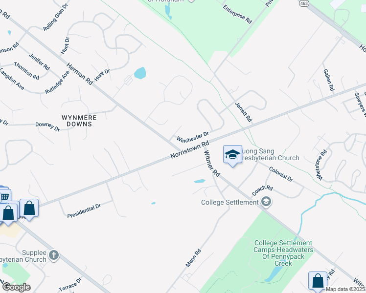 map of restaurants, bars, coffee shops, grocery stores, and more near 205 Winchester Drive in Horsham