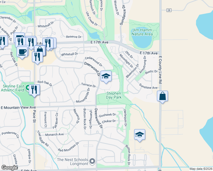 map of restaurants, bars, coffee shops, grocery stores, and more near 1400 Deerwood Drive in Longmont