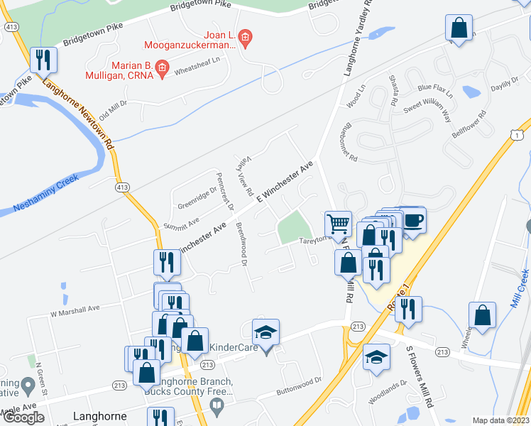 map of restaurants, bars, coffee shops, grocery stores, and more near 211 Eaton Court in Langhorne