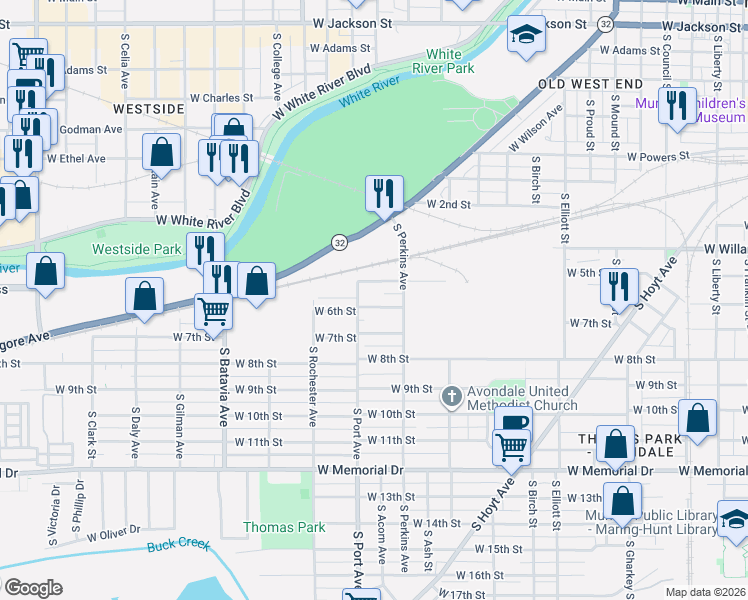 map of restaurants, bars, coffee shops, grocery stores, and more near 1509 West 6th Street in Muncie