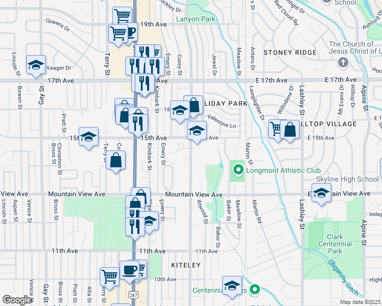 map of restaurants, bars, coffee shops, grocery stores, and more near 1440 Collyer Street in Longmont