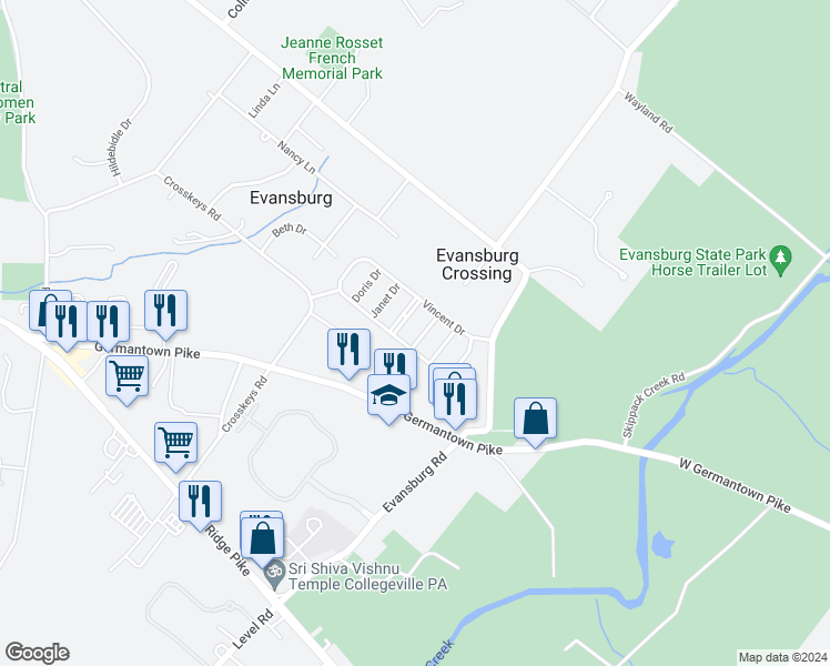 map of restaurants, bars, coffee shops, grocery stores, and more near 4007 Coulter Court in Collegeville