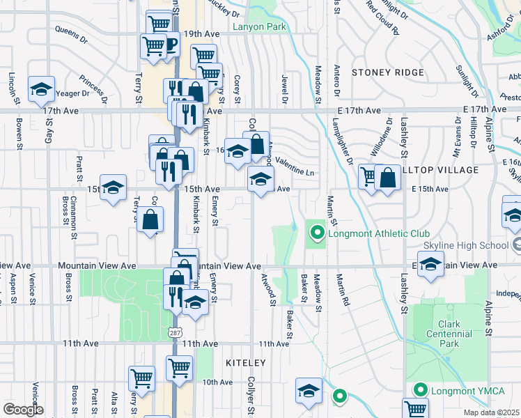 map of restaurants, bars, coffee shops, grocery stores, and more near 1440 Collyer Street in Longmont