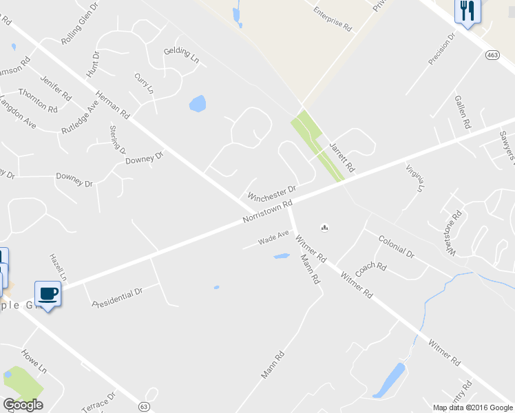 map of restaurants, bars, coffee shops, grocery stores, and more near 205 Winchester Drive in Horsham