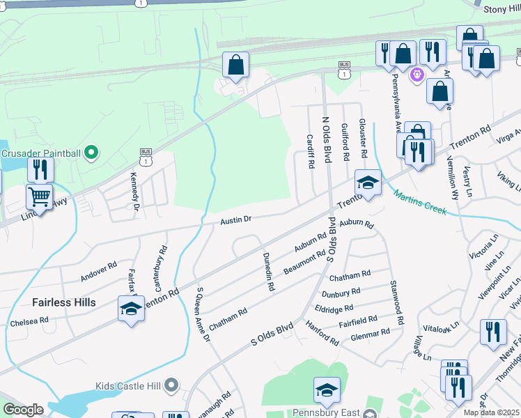 map of restaurants, bars, coffee shops, grocery stores, and more near 649 Austin Drive in Fairless Hills