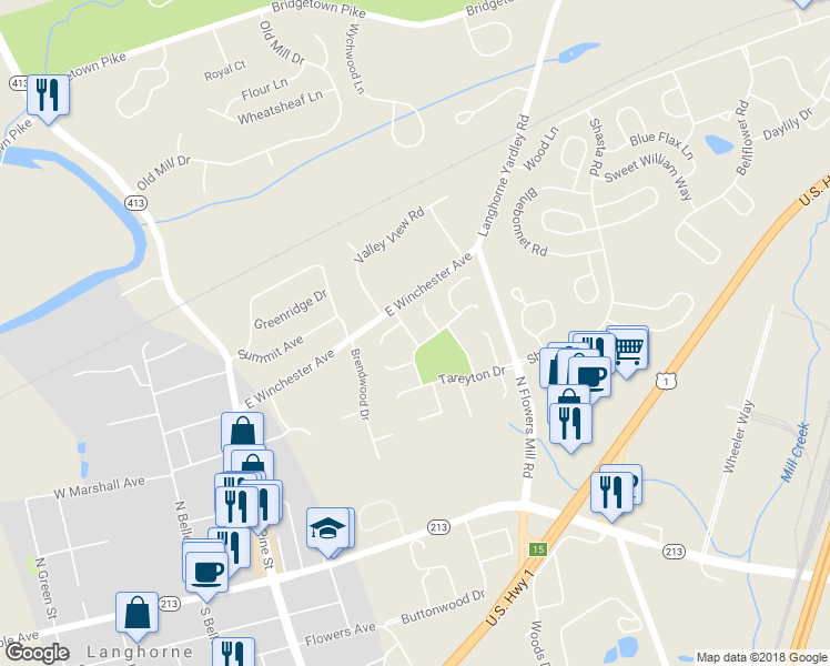 map of restaurants, bars, coffee shops, grocery stores, and more near 167 Kenton Drive in Langhorne