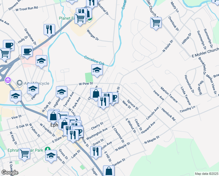 map of restaurants, bars, coffee shops, grocery stores, and more near 343 Duke Street in Ephrata