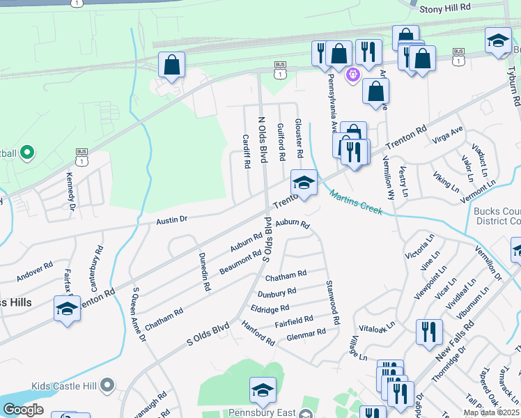 map of restaurants, bars, coffee shops, grocery stores, and more near 725 Trenton Road in Fairless Hills