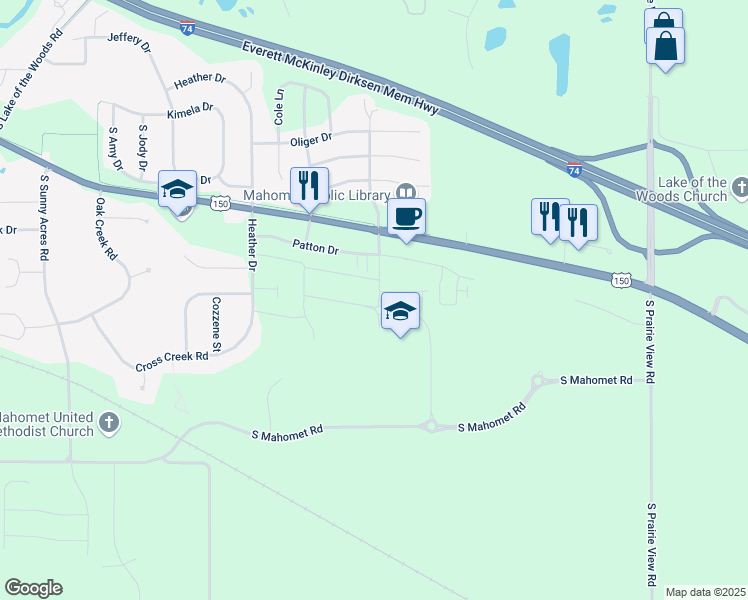 map of restaurants, bars, coffee shops, grocery stores, and more near 1630 Kassen Avenue in Mahomet