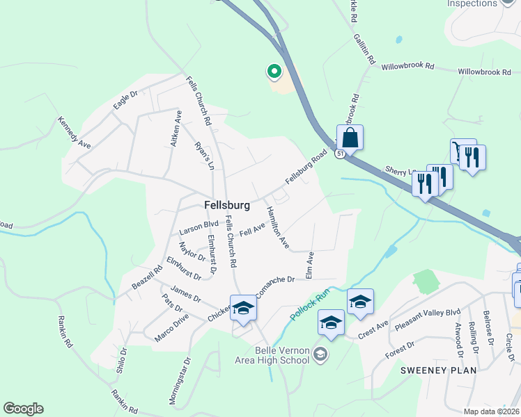 map of restaurants, bars, coffee shops, grocery stores, and more near 117 Fell Avenue in Belle Vernon