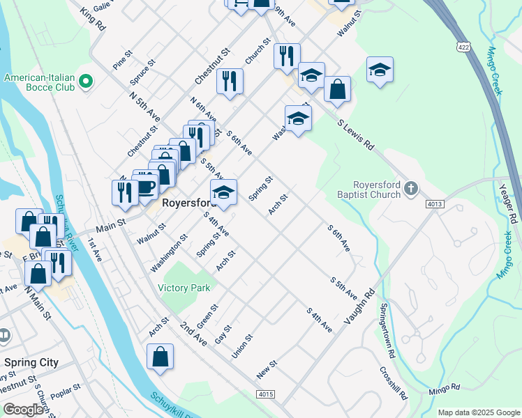 map of restaurants, bars, coffee shops, grocery stores, and more near 320 South 5th Avenue in Royersford