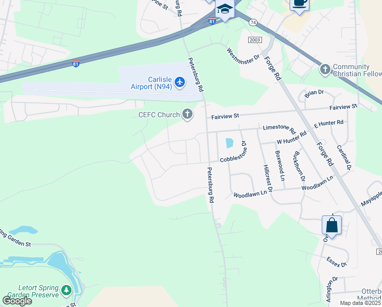 map of restaurants, bars, coffee shops, grocery stores, and more near 905 Sandstone Drive in Carlisle