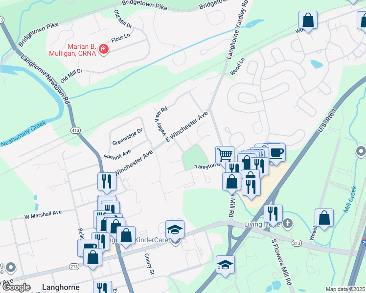 map of restaurants, bars, coffee shops, grocery stores, and more near 167 Kenton Drive in Langhorne