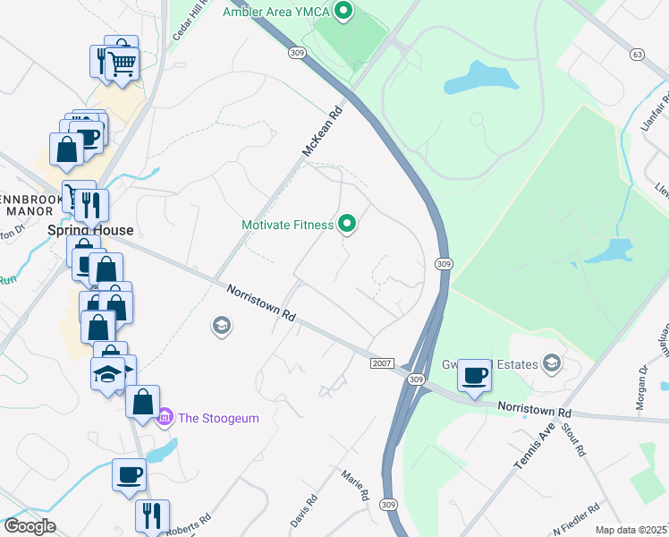 map of restaurants, bars, coffee shops, grocery stores, and more near 727 Norristown Road in Spring House