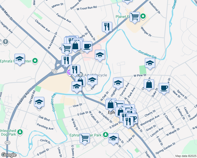 map of restaurants, bars, coffee shops, grocery stores, and more near 147 Penn Avenue in Ephrata