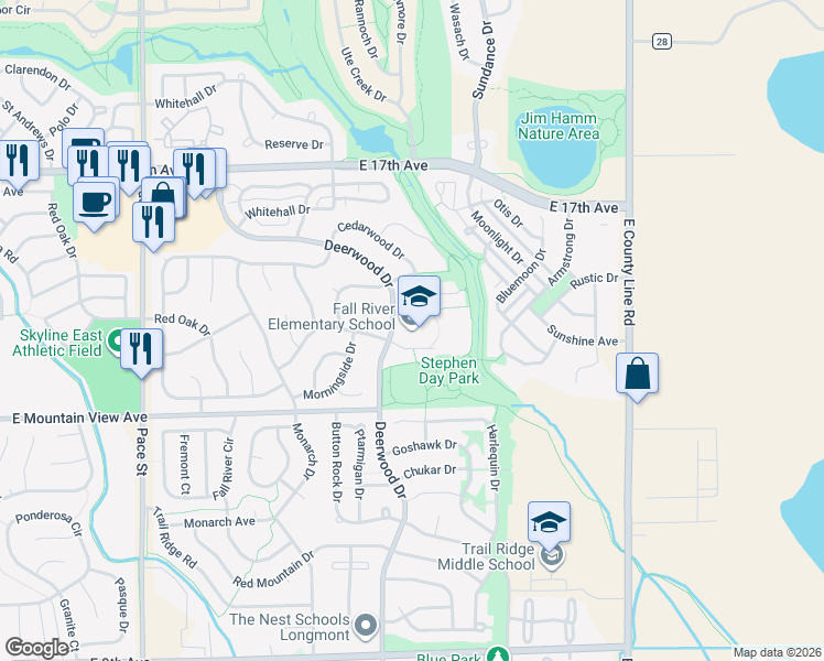 map of restaurants, bars, coffee shops, grocery stores, and more near 1400 Deerwood Drive in Longmont