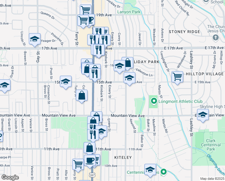 map of restaurants, bars, coffee shops, grocery stores, and more near 1410 Emery Court in Longmont