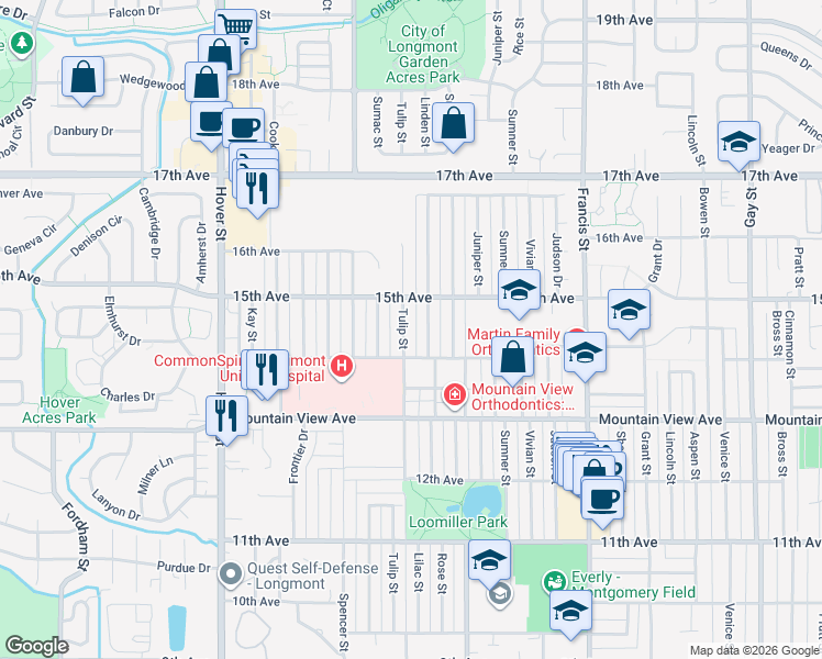 map of restaurants, bars, coffee shops, grocery stores, and more near 1411 Linden Street in Longmont