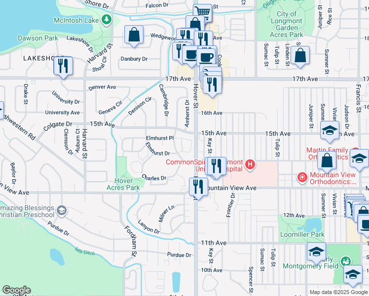 map of restaurants, bars, coffee shops, grocery stores, and more near 1425 Belmont Drive in Longmont