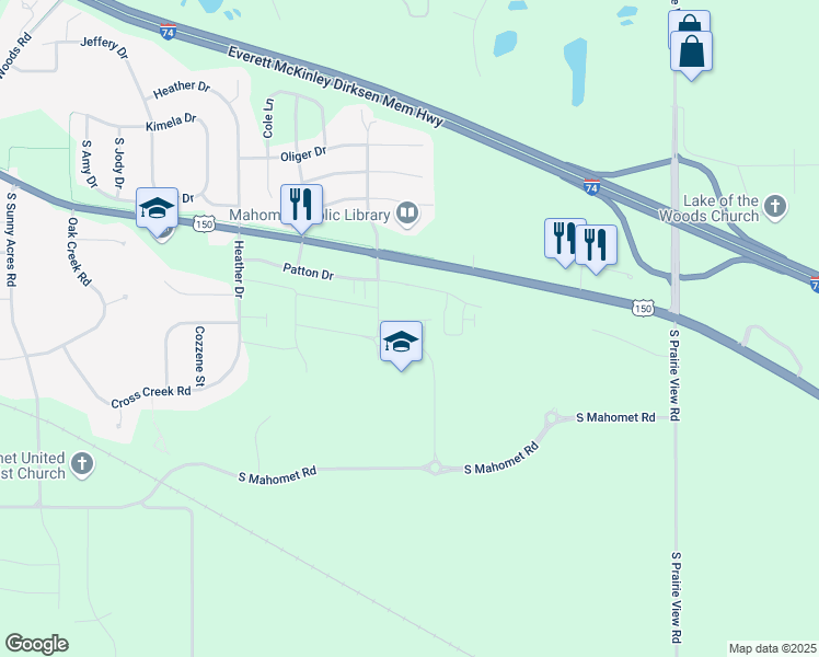 map of restaurants, bars, coffee shops, grocery stores, and more near 1630 Kassen Avenue in Mahomet