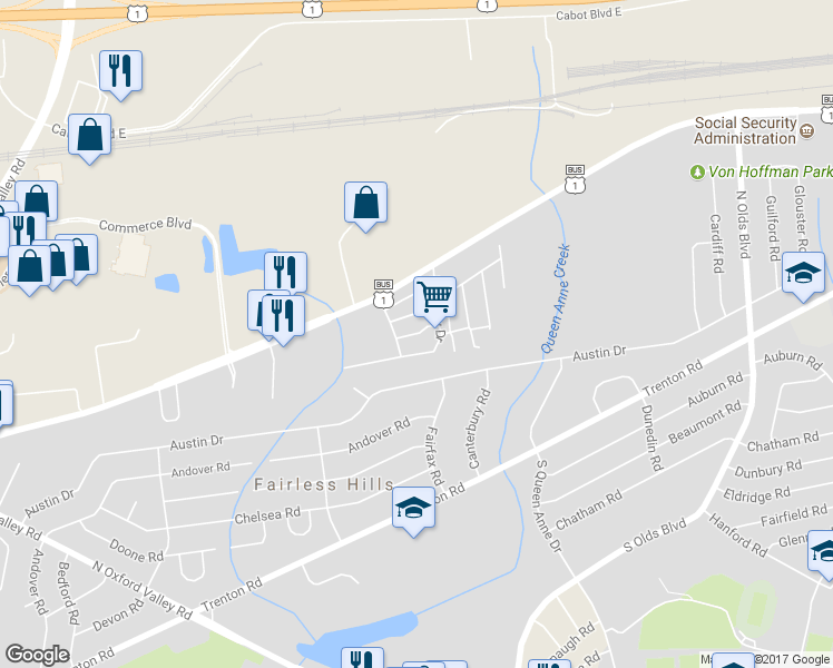 map of restaurants, bars, coffee shops, grocery stores, and more near 126 Adams Drive in Fairless Hills