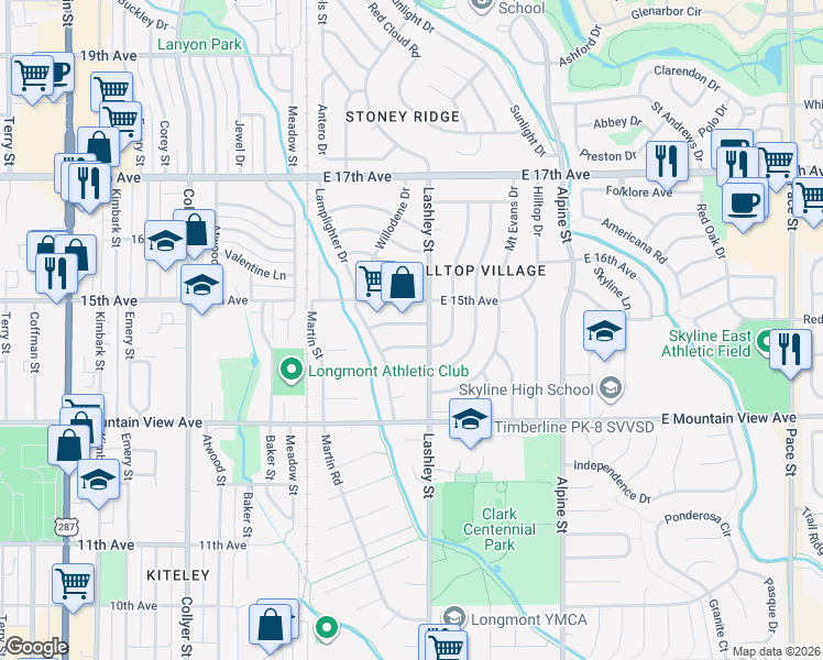 map of restaurants, bars, coffee shops, grocery stores, and more near 1417 Lashley Street in Longmont